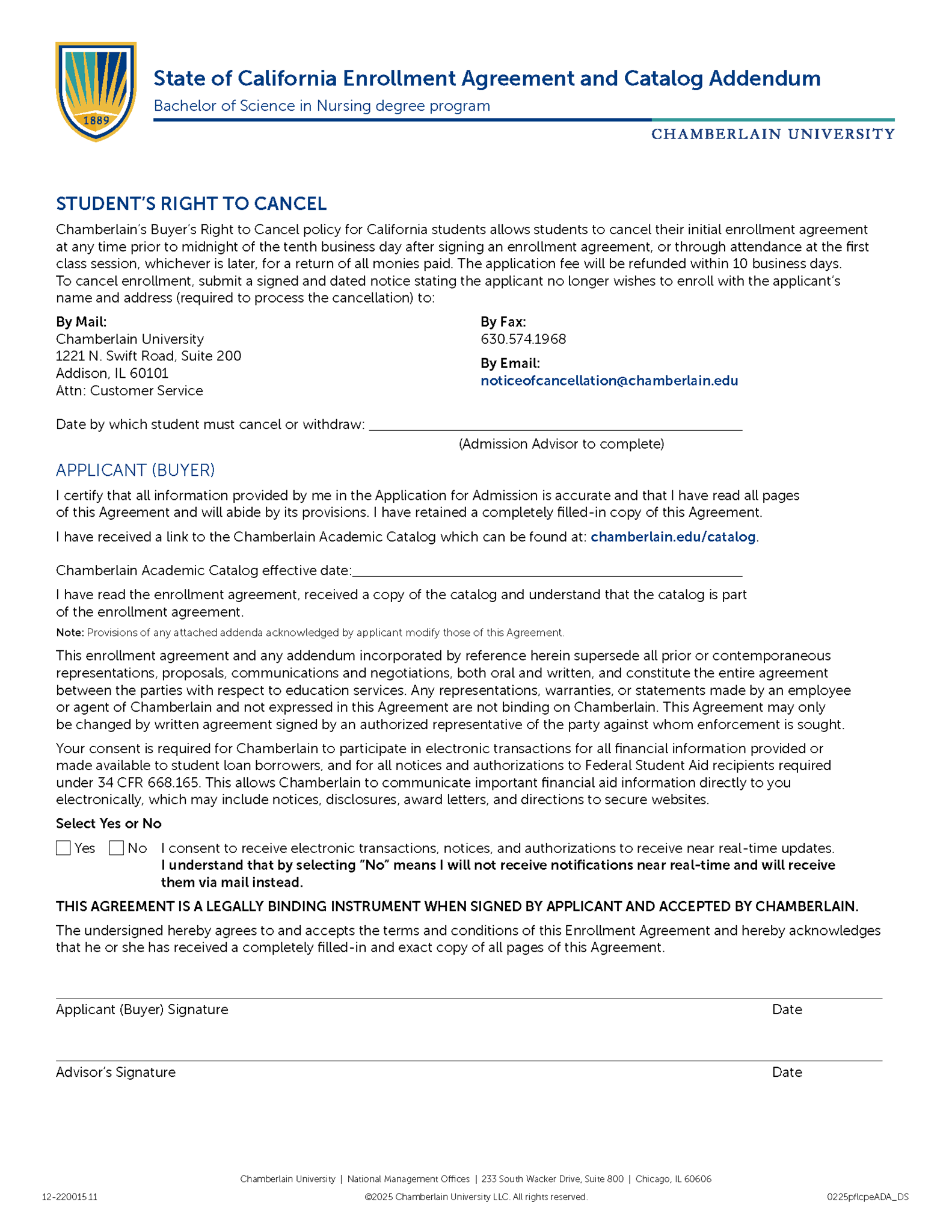 Picture of California Enrollment Agreement and Catalog Addendum - Bachelor of Science in Nursing Degree Program